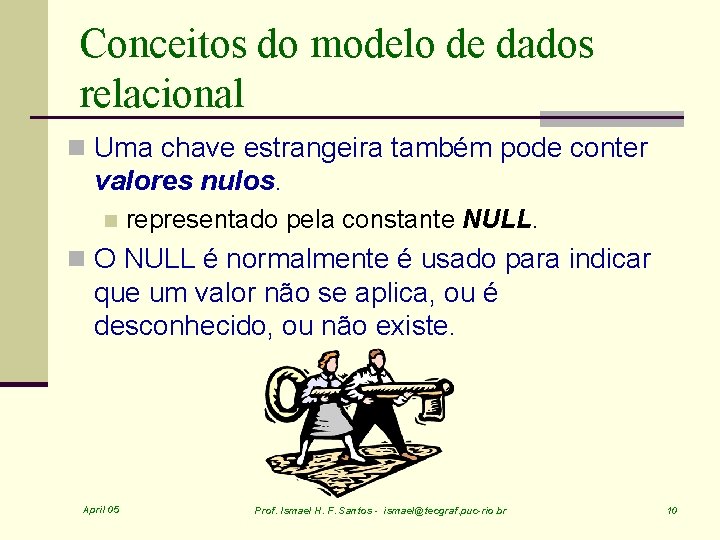 Conceitos do modelo de dados relacional n Uma chave estrangeira também pode conter valores