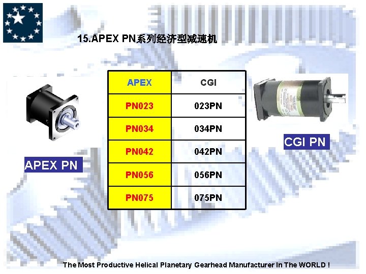 15. APEX PN系列经济型减速机 APEX PN APEX CGI PN 023 PN PN 034 PN PN