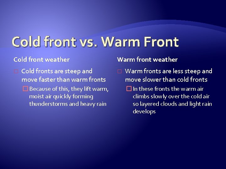 Cold front vs. Warm Front Cold front weather � Cold fronts are steep and