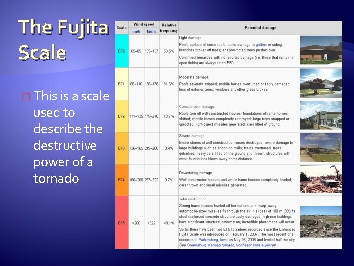 The Fujita Scale � This is a scale used to describe the destructive power