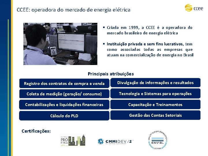 CCEE: operadora do mercado de energia elétrica § Criada em 1999, a CCEE é