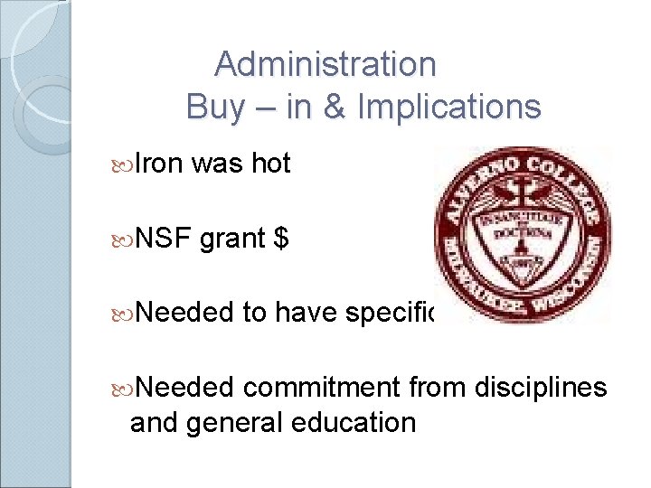 Administration Buy – in & Implications Iron was hot NSF grant $ Needed to