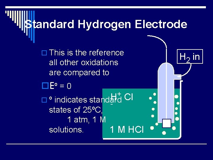 Standard Hydrogen Electrode o This is the reference all other oxidations are compared to