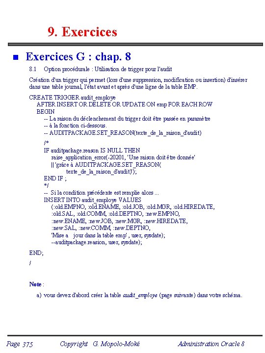 9. Exercices n Exercices G : chap. 8 8. 1 Option procédurale : Utilisation