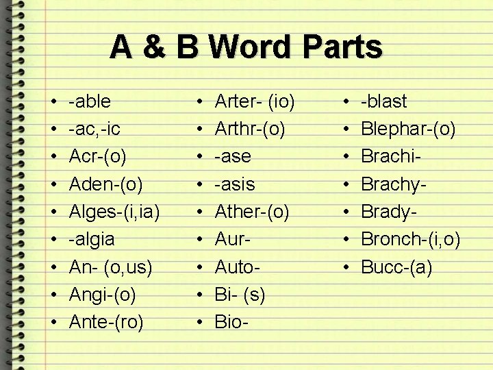 A & B Word Parts • • • -able -ac, -ic Acr-(o) Aden-(o) Alges-(i,