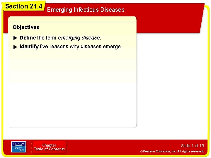 Section 21. 4 Emerging Infectious Diseases Objectives Define the term emerging disease. Identify five