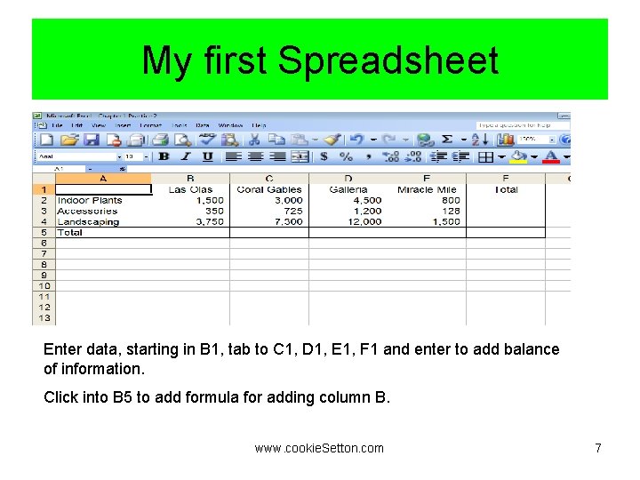 My first Spreadsheet Enter data, starting in B 1, tab to C 1, D