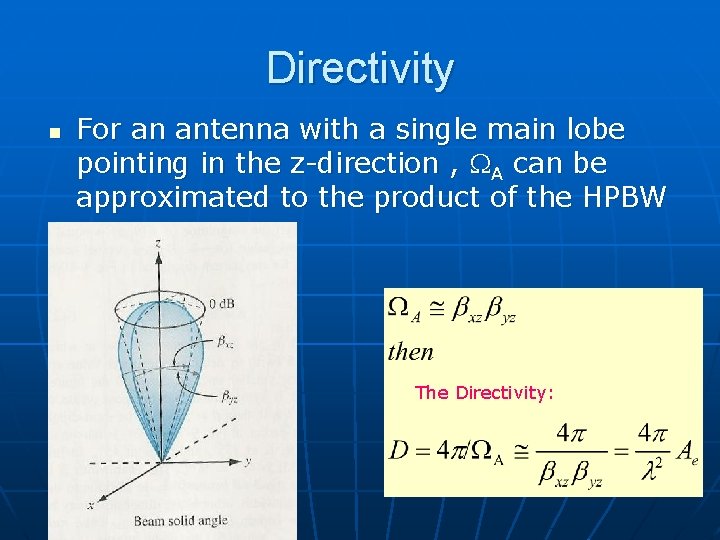 Directivity n For an antenna with a single main lobe pointing in the z-direction