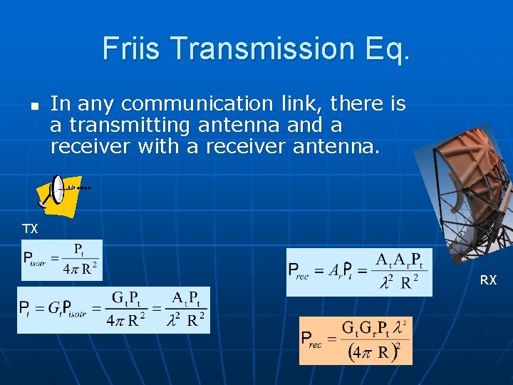 Friis Transmission Eq. n In any communication link, there is a transmitting antenna and