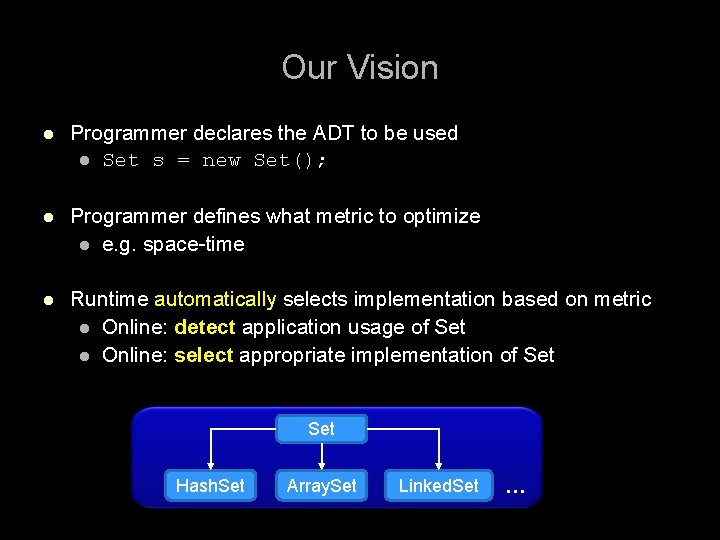 Our Vision l Programmer declares the ADT to be used l Set s =