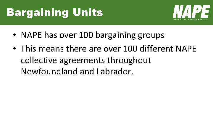 Bargaining Units • NAPE has over 100 bargaining groups • This means there are