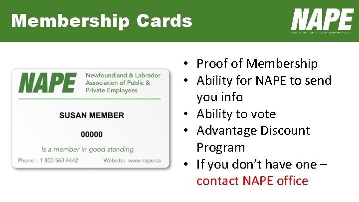 Membership Cards • Proof of Membership • Ability for NAPE to send you info