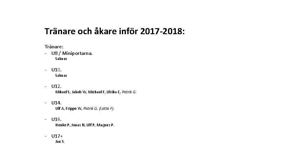 Tränare och åkare inför 2017 -2018: Tränare: - U 8 / Miniportarna. Saknas -