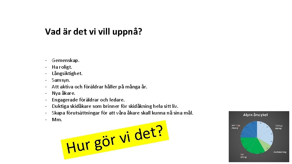 Vad är det vi vill uppnå? - Gemenskap. Ha roligt. Långsiktighet. Samsyn. Att aktiva