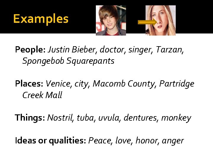 Examples People: Justin Bieber, doctor, singer, Tarzan, Spongebob Squarepants Places: Venice, city, Macomb County,
