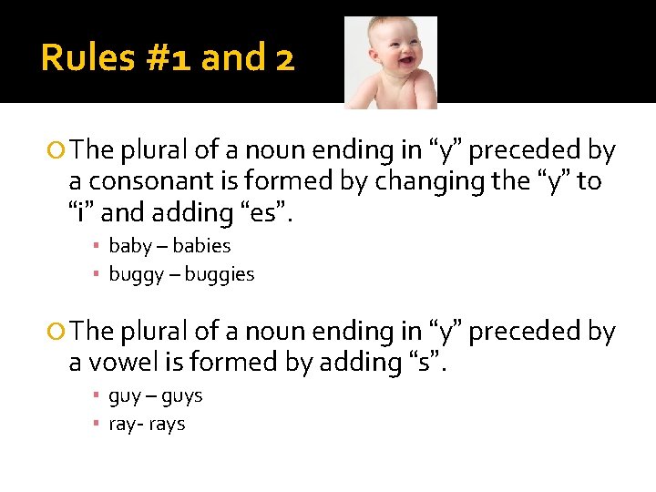 Rules #1 and 2 The plural of a noun ending in “y” preceded by