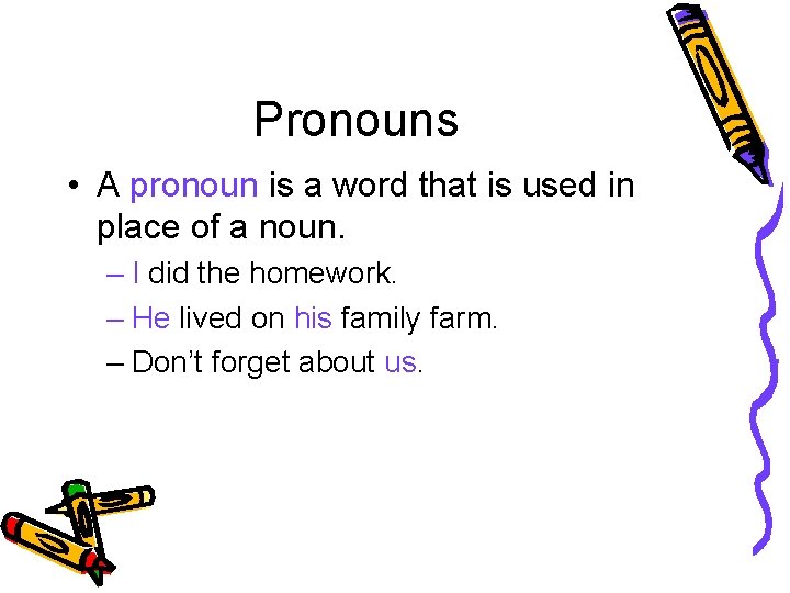 Pronouns • A pronoun is a word that is used in place of a