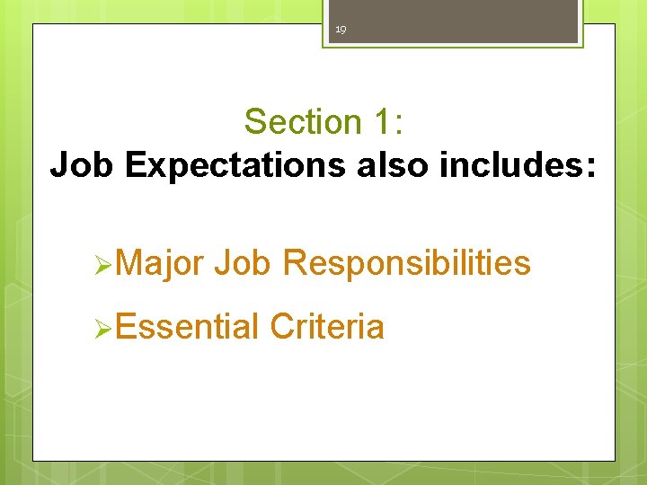 19 Section 1: Job Expectations also includes: ØMajor Job Responsibilities ØEssential Criteria 