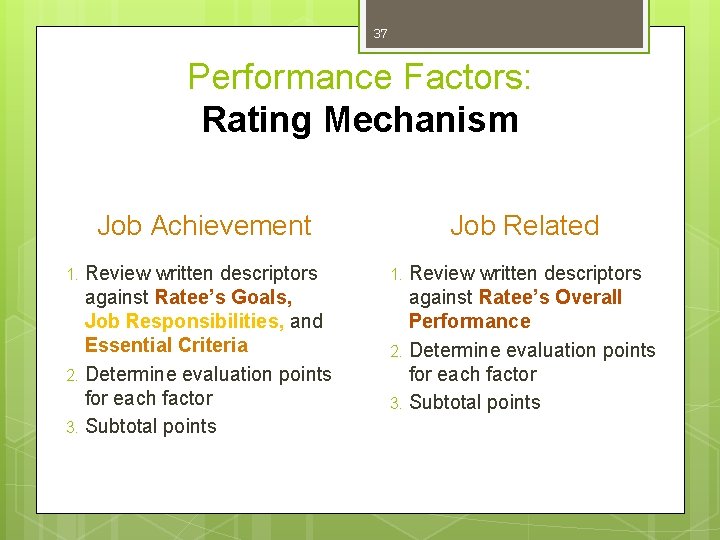 37 Performance Factors: Rating Mechanism Job Achievement Review written descriptors against Ratee’s Goals, Job