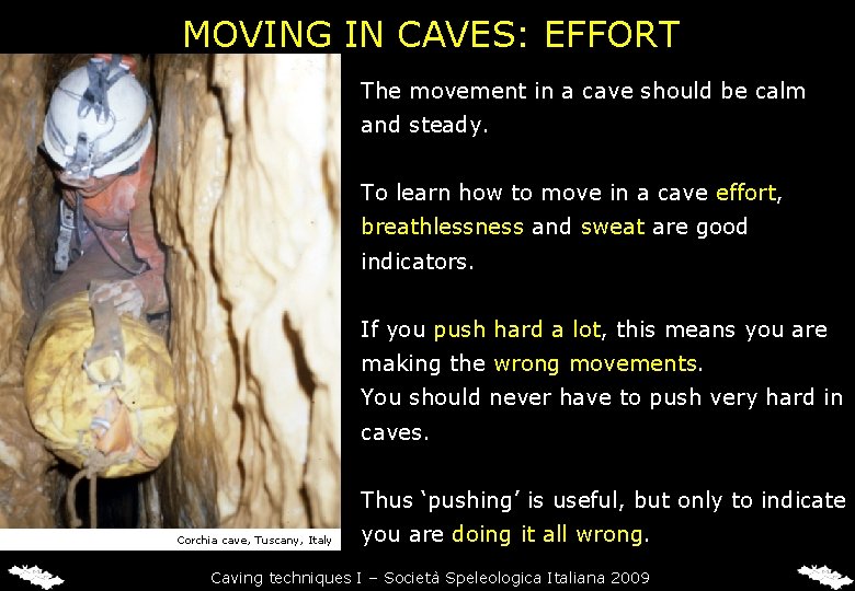 MOVING IN CAVES: EFFORT The movement in a cave should be calm and steady. MOVING IN CAVES: EFFORT The movement in a cave should be calm and steady.