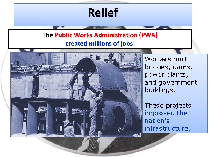 Relief The Public Works Administration (PWA) created millions of jobs. Workers built bridges, dams,