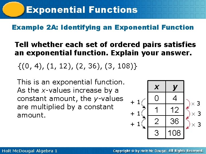 Exponential Functions Example 2 A: Identifying an Exponential Function Tell whether each set of