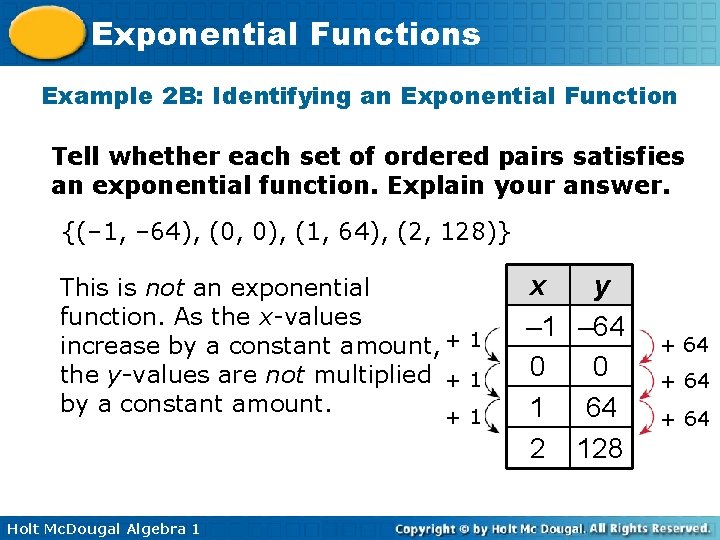 Exponential Functions Example 2 B: Identifying an Exponential Function Tell whether each set of