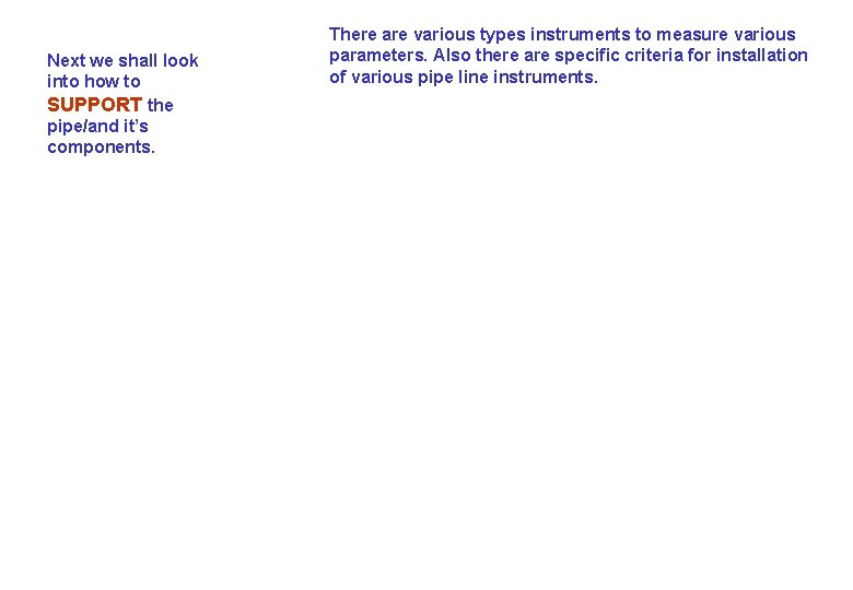 Next we shall look into how to SUPPORT the pipe/and it’s components. There are