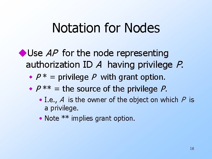 Notation for Nodes u. Use AP for the node representing authorization ID A having