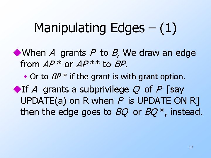 Manipulating Edges – (1) u. When A grants P to B, We draw an