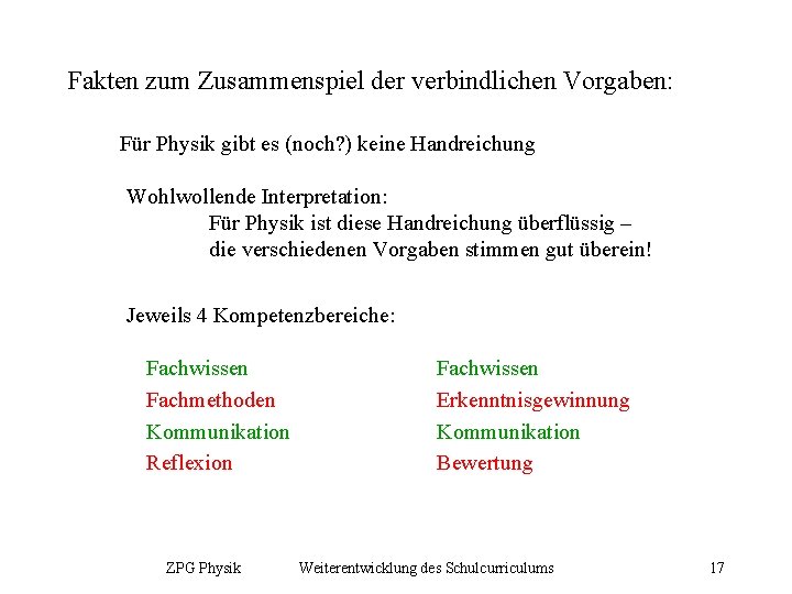 Fakten zum Zusammenspiel der verbindlichen Vorgaben: Für Physik gibt es (noch? ) keine Handreichung