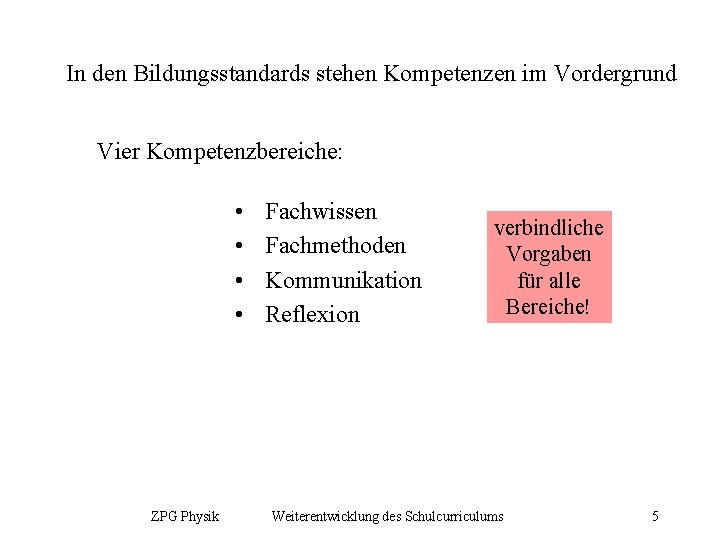 In den Bildungsstandards stehen Kompetenzen im Vordergrund Vier Kompetenzbereiche: • • Fachwissen Fachmethoden Kommunikation