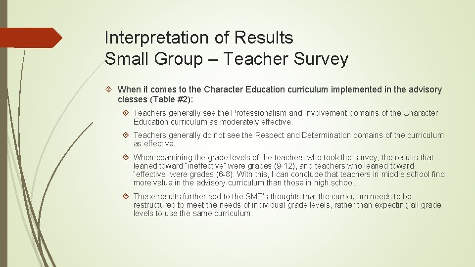 Interpretation of Results Small Group – Teacher Survey When it comes to the Character