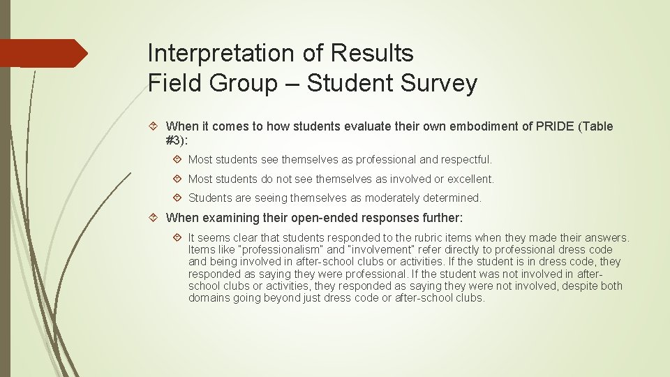 Interpretation of Results Field Group – Student Survey When it comes to how students