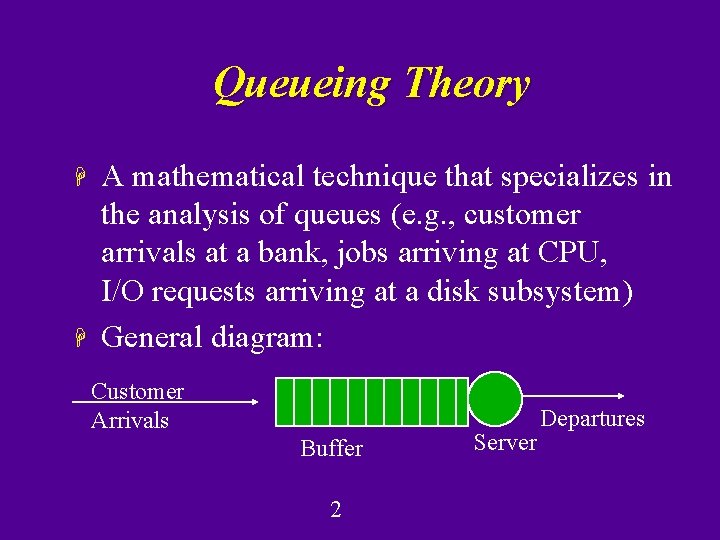 Queueing Theory H H A mathematical technique that specializes in the analysis of queues