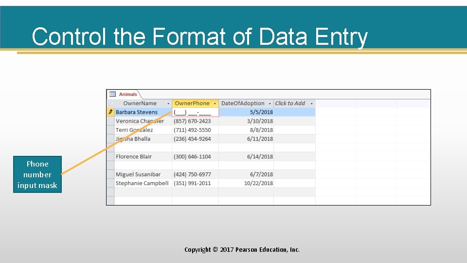 Control the Format of Data Entry Phone number input mask Copyright © 2017 Pearson