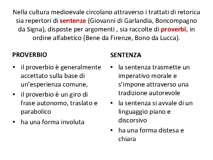 Nella cultura medioevale circolano attraverso i trattati di retorica sia repertori di sentenze (Giovanni