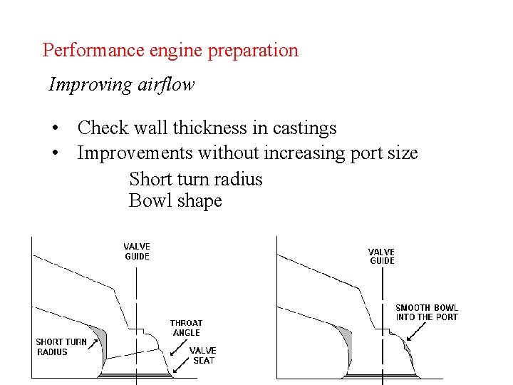 Performance engine preparation Improving airflow • Check wall thickness in castings • Improvements without