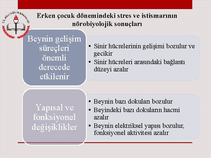 Erken çocuk dönemindeki stres ve istismarının nörobiyolojik sonuçları Beynin gelişim süreçleri önemli derecede etkilenir