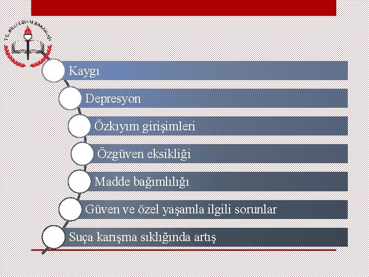Kaygı Depresyon Özkıyım girişimleri Özgüven eksikliği Madde bağımlılığı Güven ve özel yaşamla ilgili sorunlar