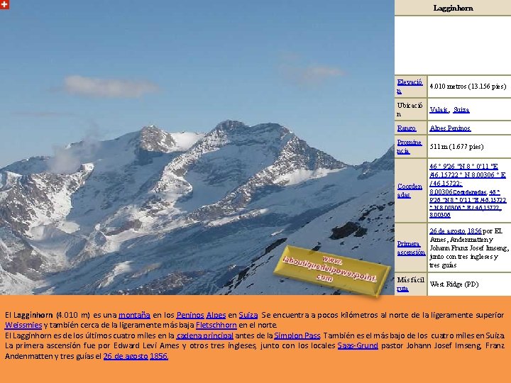 Lagginhorn Elevació n 4. 010 metros (13. 156 pies) Ubicació Valais, Suiza n Rango