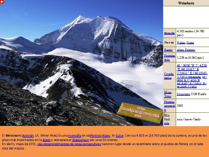 Weisshorn Elevación 4. 505 metros (14. 780 pies) Ubicación Valais, Suiza Rango Alpes Peninos