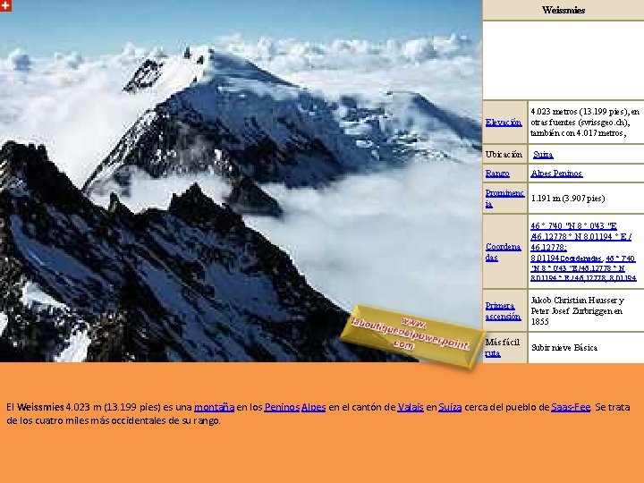 Weissmies Elevación 4. 023 metros (13. 199 pies), en otras fuentes (swissgeo. ch), también