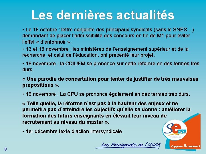 Les dernières actualités • Le 16 octobre : lettre conjointe des principaux syndicats (sans