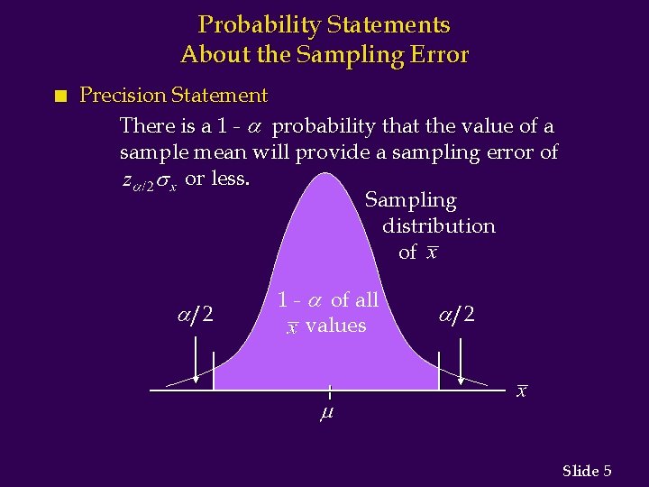 Probability Statements About the Sampling Error n Precision Statement There is a 1 -