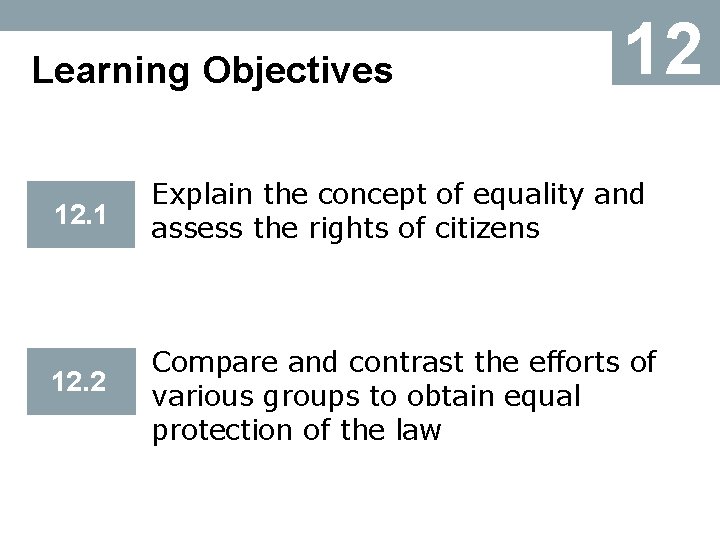 Learning Objectives 12 12. 1 Explain the concept of equality and assess the rights
