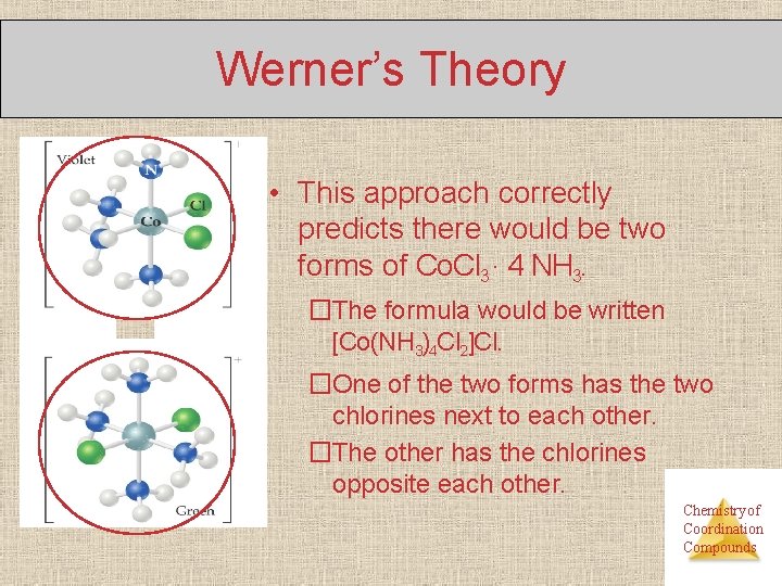 Werner’s Theory • This approach correctly predicts there would be two forms of Co.