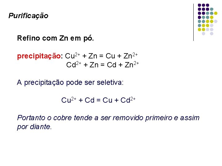 Purificação Refino com Zn em pó. precipitação: Cu 2+ + Zn = Cu +