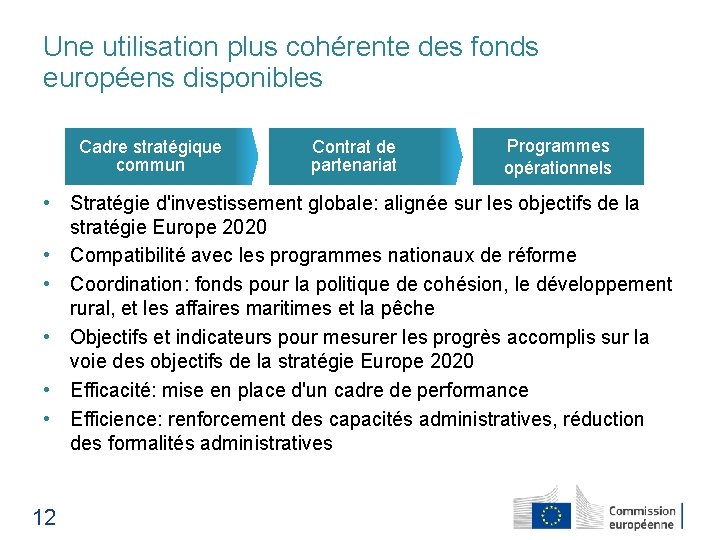 Une utilisation plus cohérente des fonds européens disponibles Cadre stratégique commun Contrat de partenariat