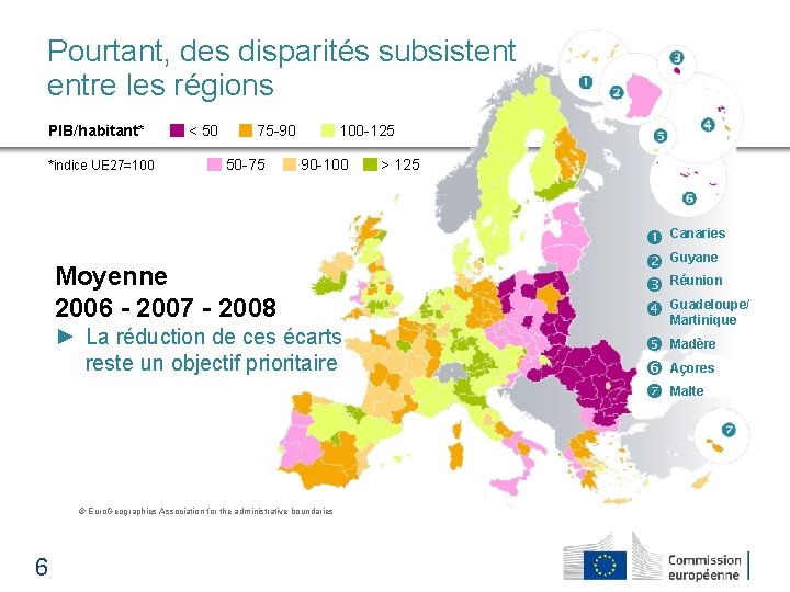 Pourtant, des disparités subsistent entre les régions PIB/habitant* *indice UE 27=100 < 50 75